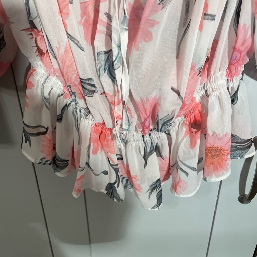 Chic Pink Sheer and White Floral Blouse with Ruffles - Picture 3 of 13